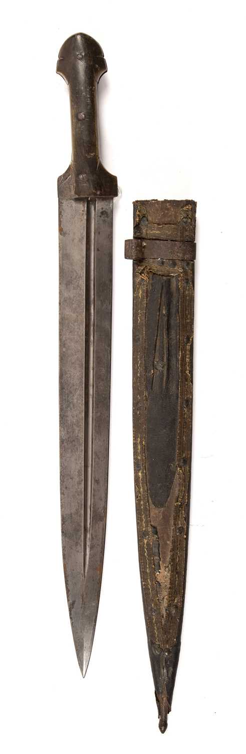 A 19th century Caucasian Khanjali with a horn grip, steel blade with gilded decoration, 45.5cm in