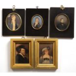 A group of five miniature portraits painted on card three mounted in ebony frames 15cm x 12.5cm