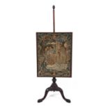 A George III needlework firescreen on a mahogany tripod stand 57cm wide x 154cm high.Repaired pole.