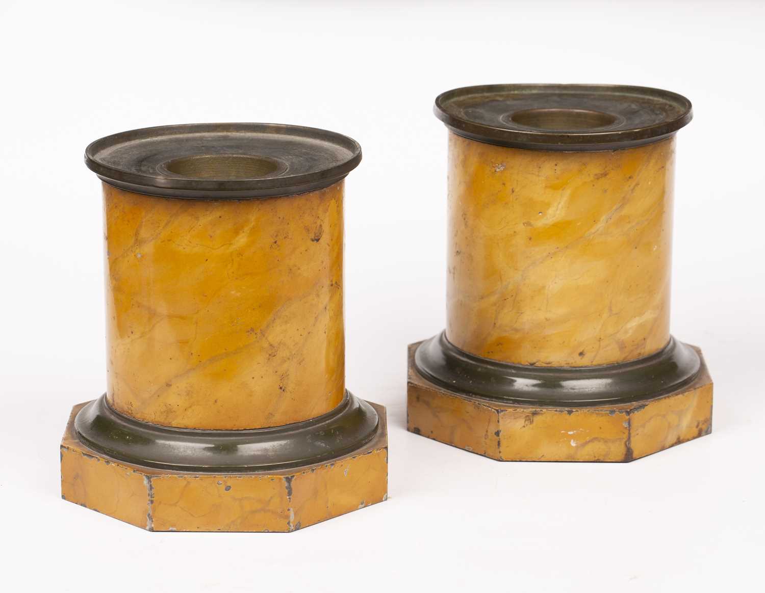 A pair of 19th century French Toleware cylindrical plinths with marble effect paint and octagonal - Image 2 of 5