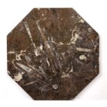 An antique fossil marble octagonal table top. 60cm wide.good