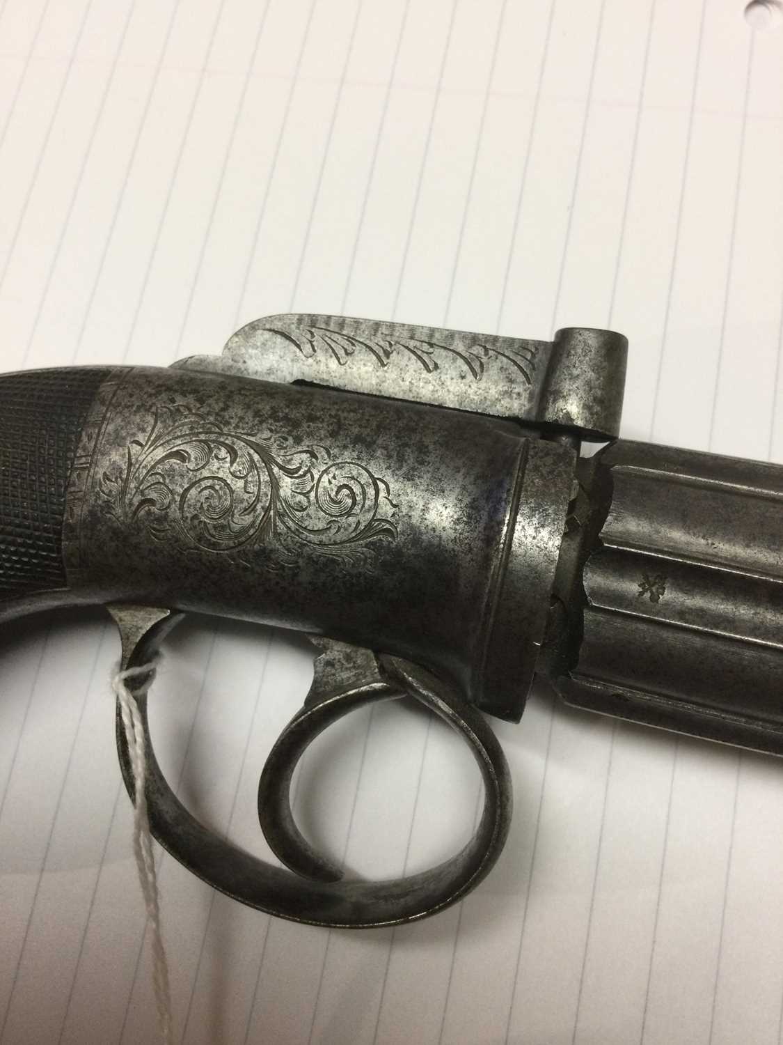 A 19th century Wilkinson percussion pepper box six shot steel pistol with engraved decoration, - Image 6 of 7