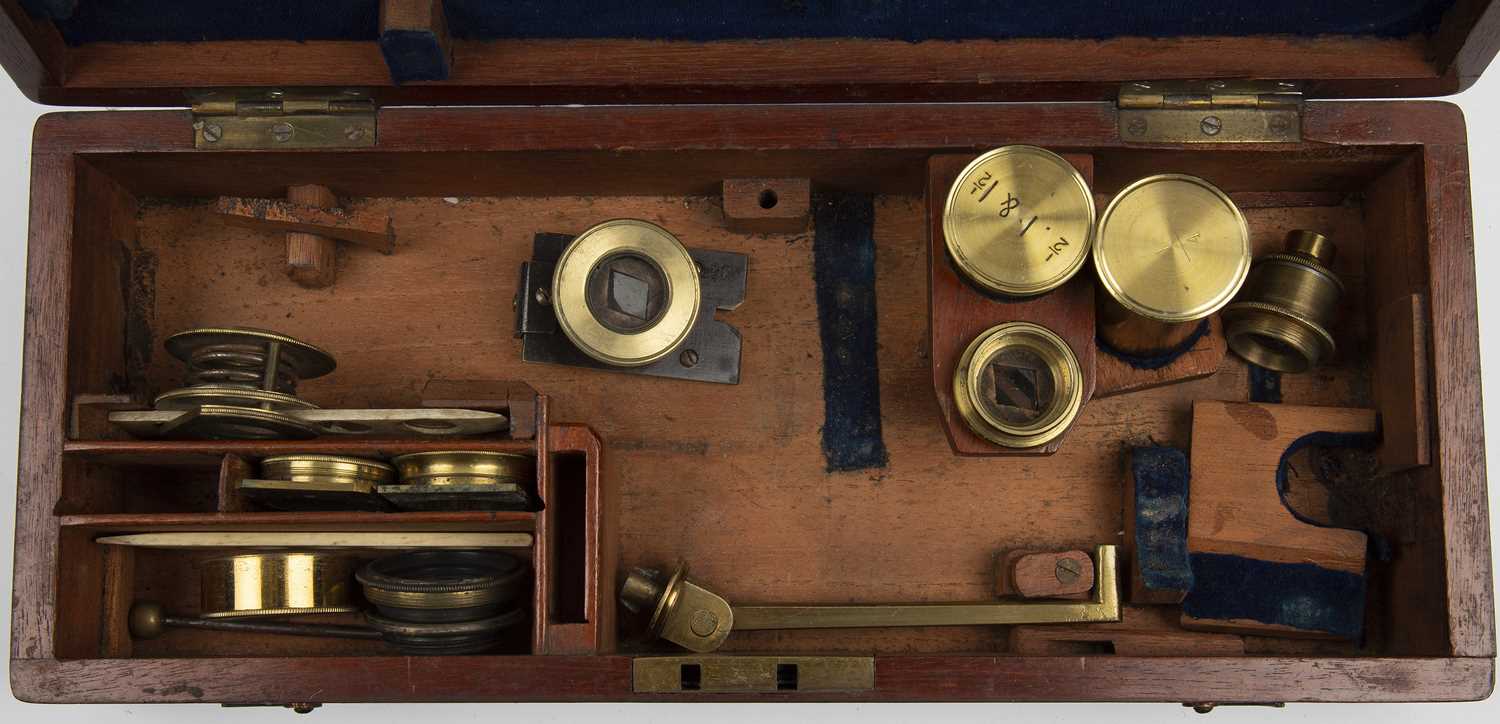 A Victorian case mounted portable microscope by William Matthews, Camden Road, London, with two - Image 3 of 9