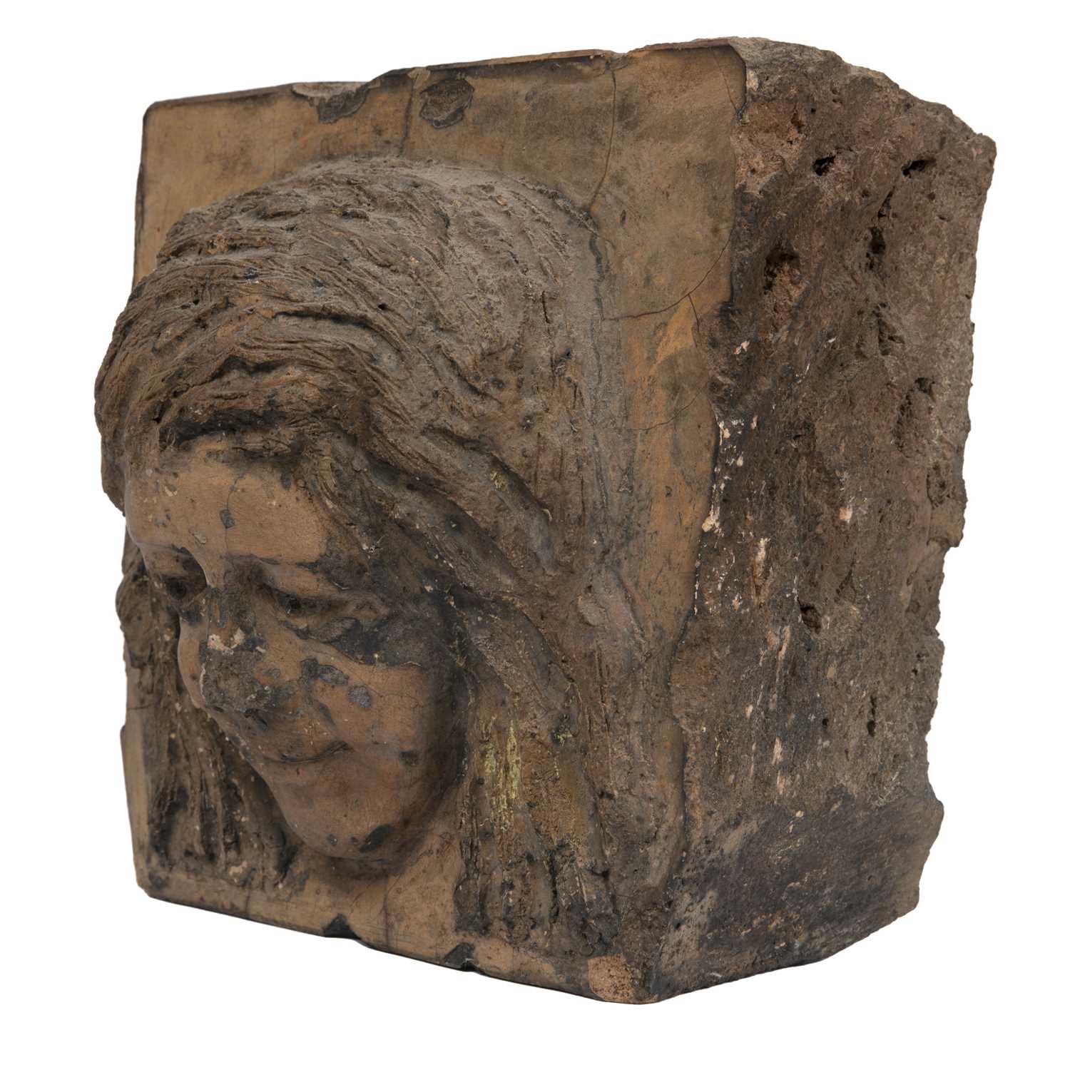 A late 18th/early 19th century Coade stone keystone moulded with a head relief, 23cm wide x 18cm - Image 5 of 15