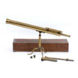 A large 19th century lacquered brass refracting telescope signed Saunders 100 High Street, Oxford,