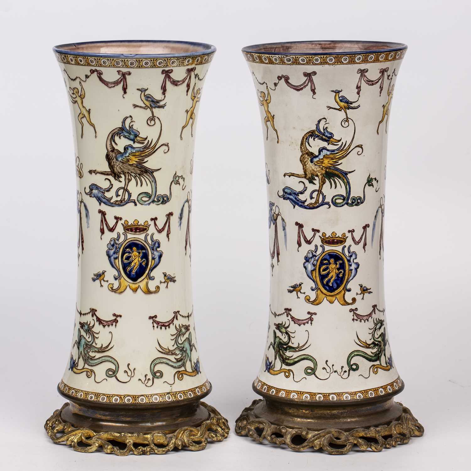 A pair of late 19th century French Gien pottery vases of waisted cylindrical form, with gilt metal - Image 2 of 3