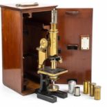 A late 19th / early 20th century compound microscope by Carl Zeiss Jena, number 12644, with three