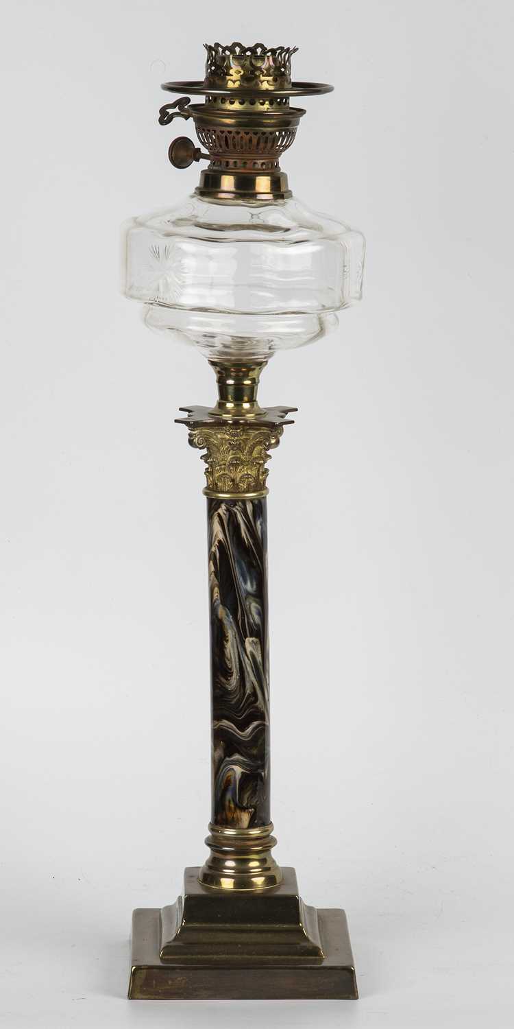 A late 19th / early 20th century German oil lamp with a cut glass well, a marble enamelled - Image 2 of 3