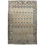 An 18th/19th century Chinese cream ground rug with repeating flower motifs, 156cm x 231cmIn poor