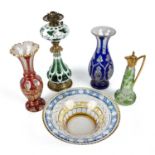 A group of 19th century Bohemian glass to include an oil lamp 37cm high and ewer 26cm high.Bowl -