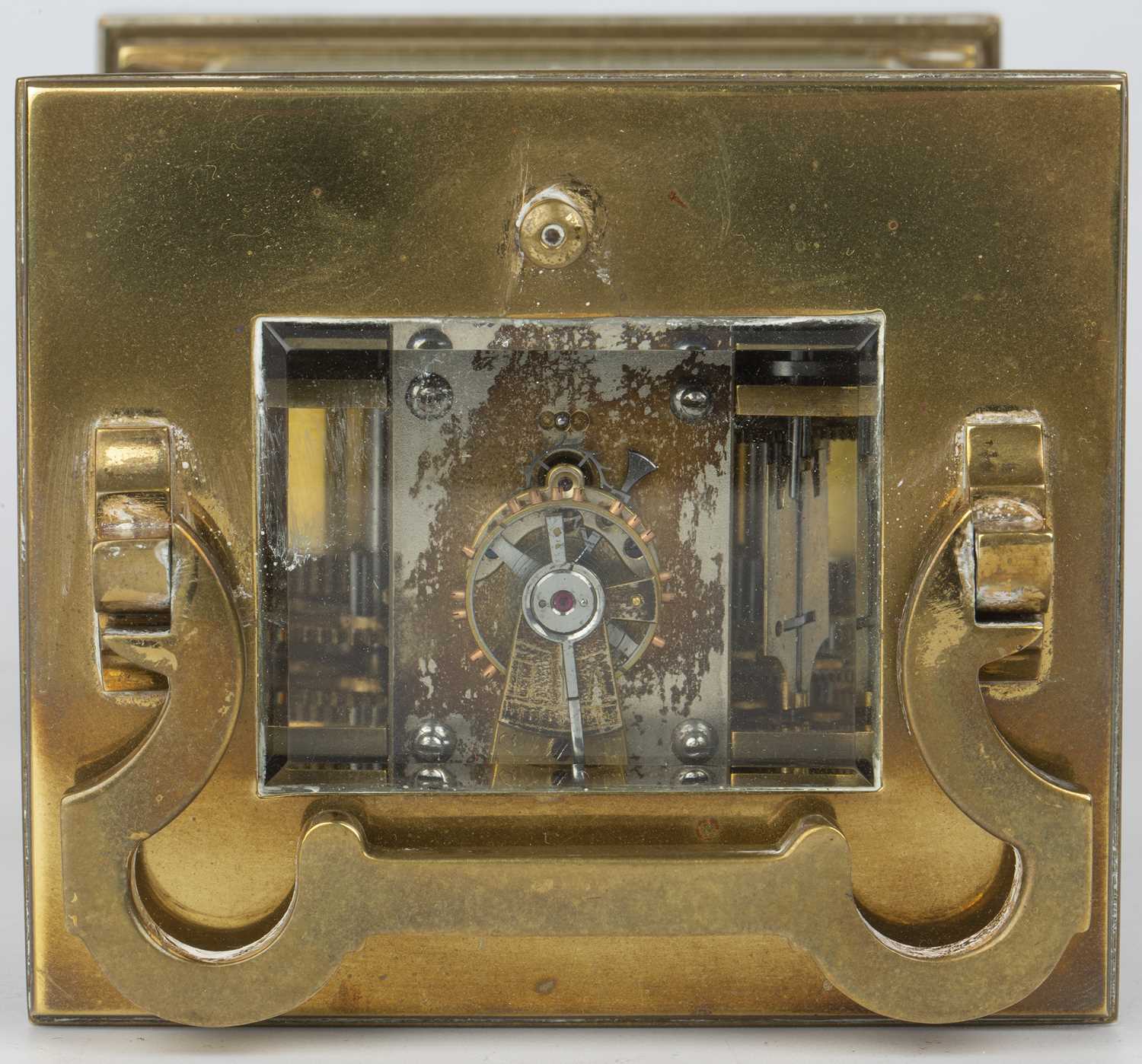 A late 19th / early 20th century French brass carriage clock the enamelled dial with Roman numerals, - Image 4 of 5