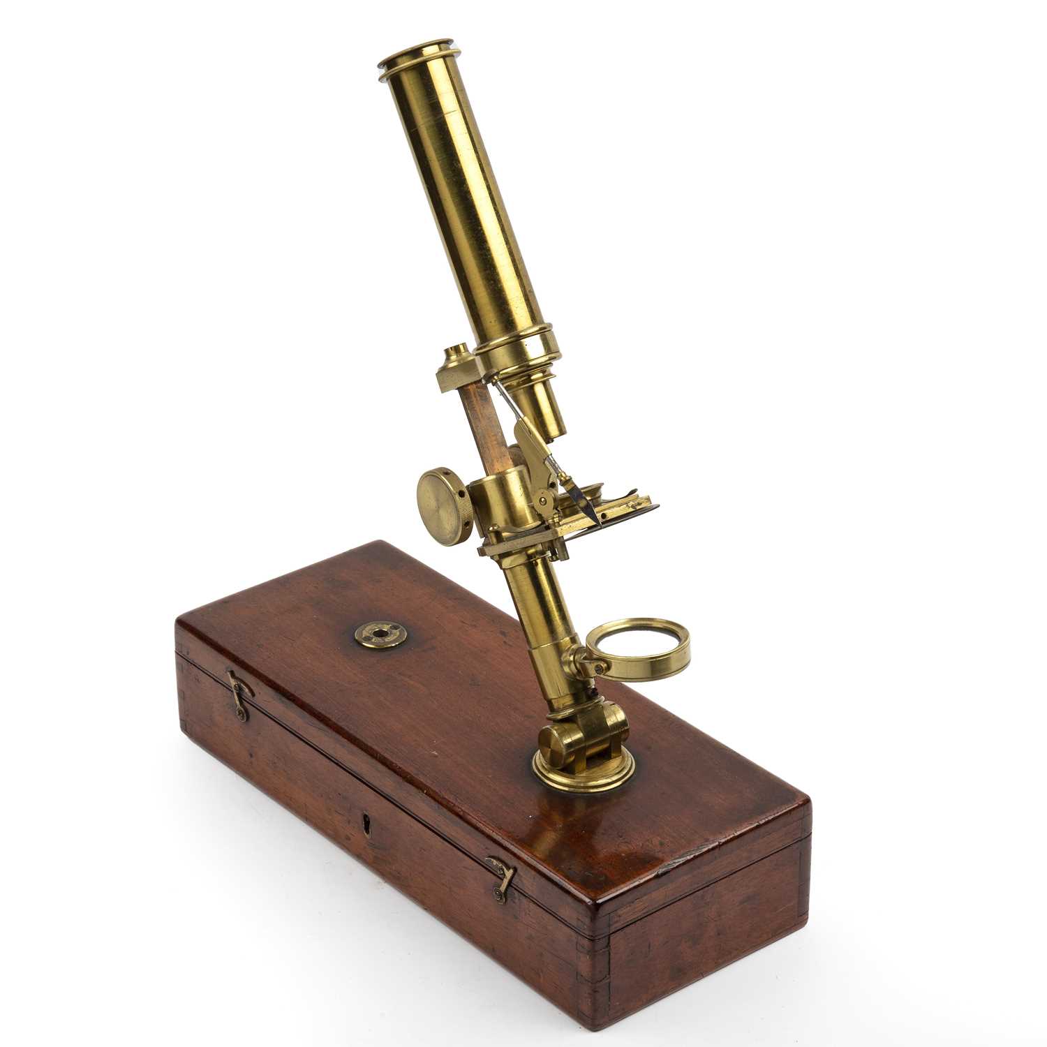 A Victorian case mounted portable microscope by William Matthews, Camden Road, London, with two