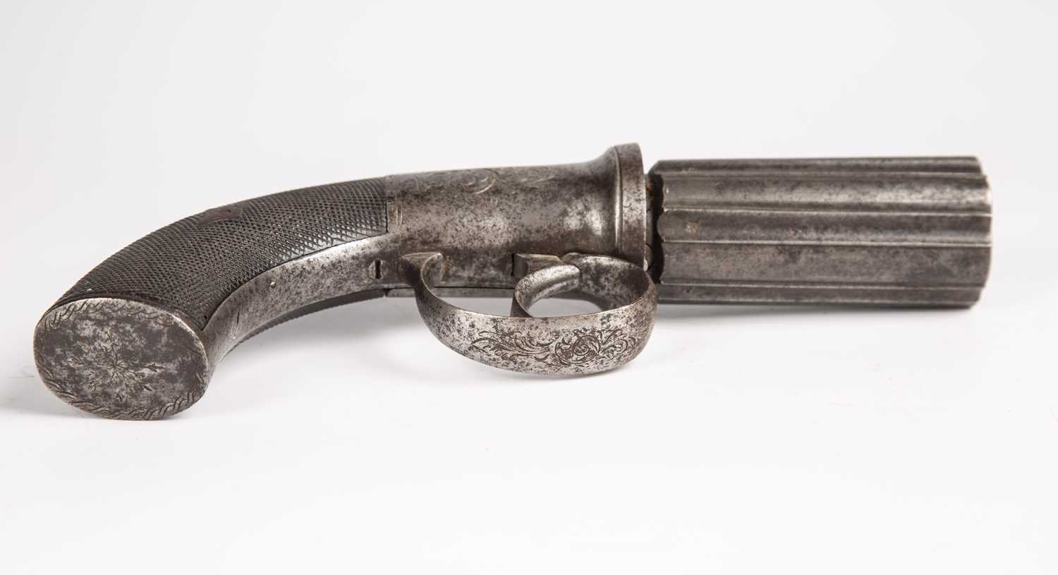 A 19th century Wilkinson percussion pepper box six shot steel pistol with engraved decoration, - Image 3 of 7