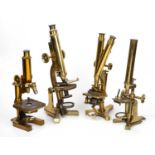 Four 19th century lacquered brass compound microscopes to include a J Beck of London binocular