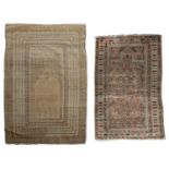 An antique Middle Eastern pale ground prayer mat with a multiple banded border, 124cm x 174cm