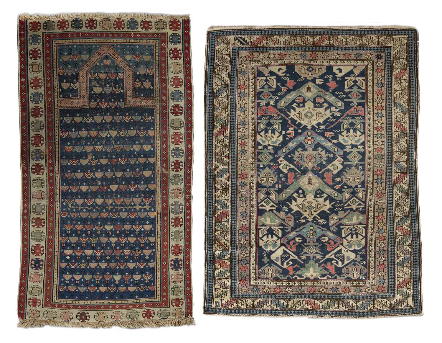 An early 20th century Middle Eastern prayer mat with polychrome decoration, 85cm x 150cm together