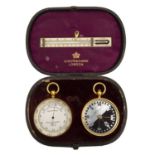 A cased pocket barometer, compass and thermometer by Negretti and Zambra the case 13cm wide. Ivory