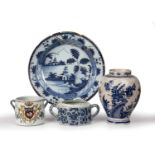 Tin glazed pottery to include a Dutch Delft vase, 23cm high; A London Delft blue and white