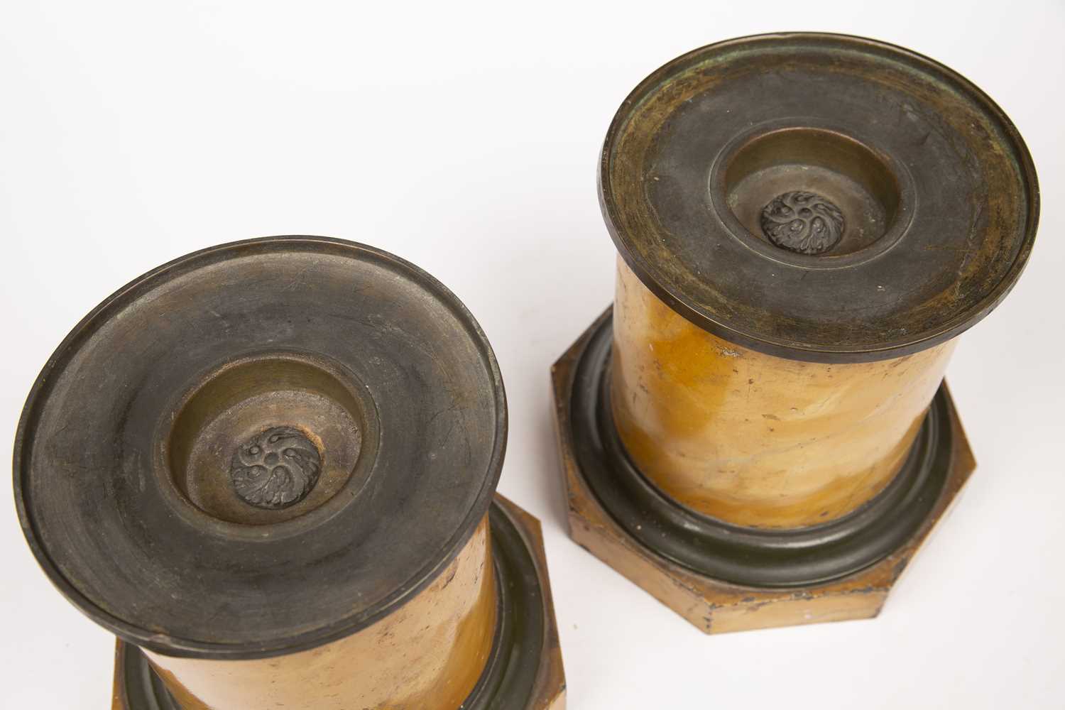 A pair of 19th century French Toleware cylindrical plinths with marble effect paint and octagonal - Image 4 of 5