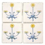 A set of four Delft tiles each with flower designs, in the William Morris style, 13cm squareIn