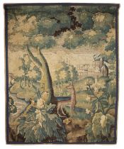 An 18th century Flemish verdure tapestry with a deer amongst trees and a chateau beyond. 147cm x