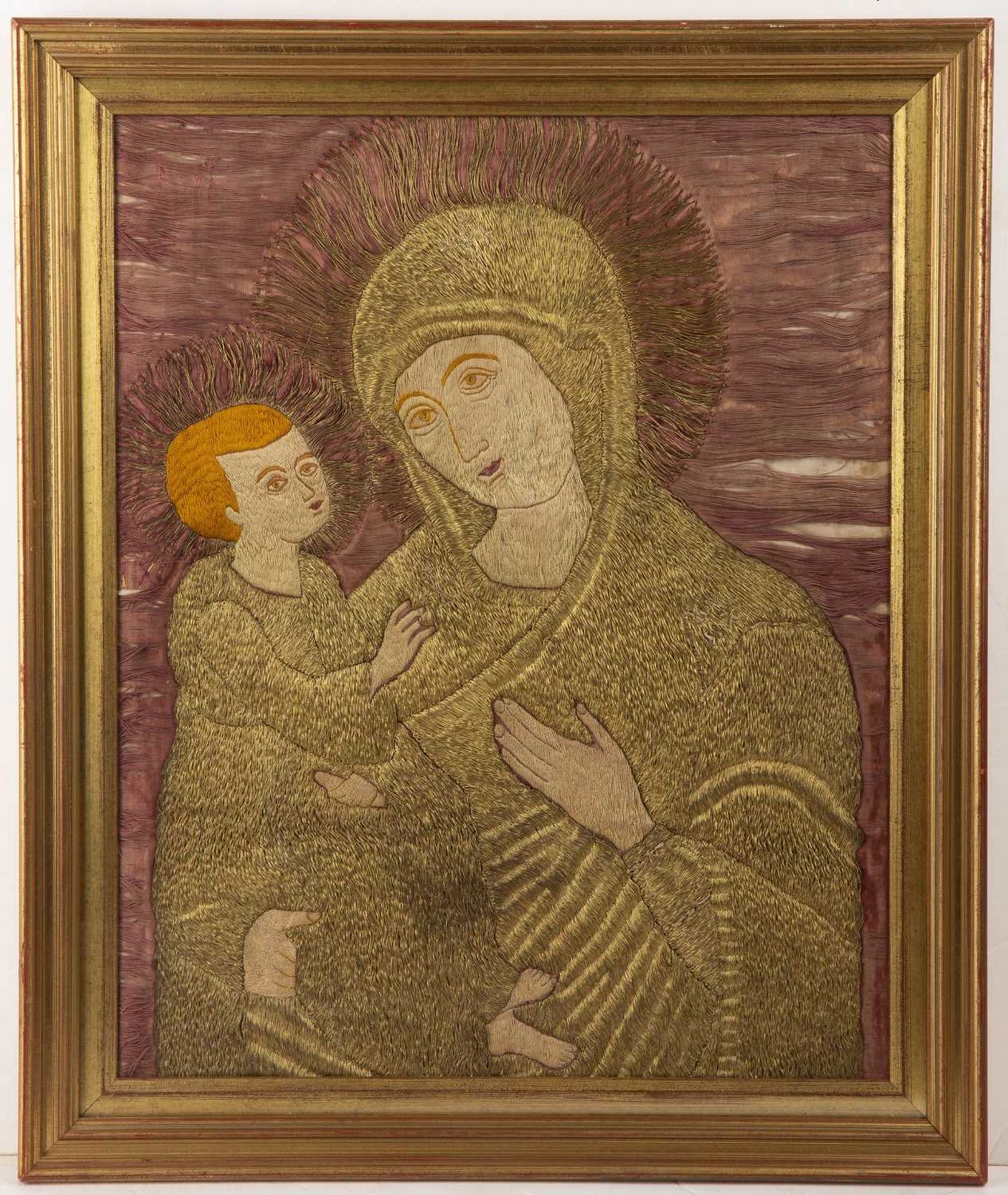 A 19th century or earlier European Madonna and child with bullion work on a manganese silk - Image 2 of 3
