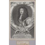George Vertue (1684-1756) King Charles II portrait engraving and signature, 30cm x 19cm