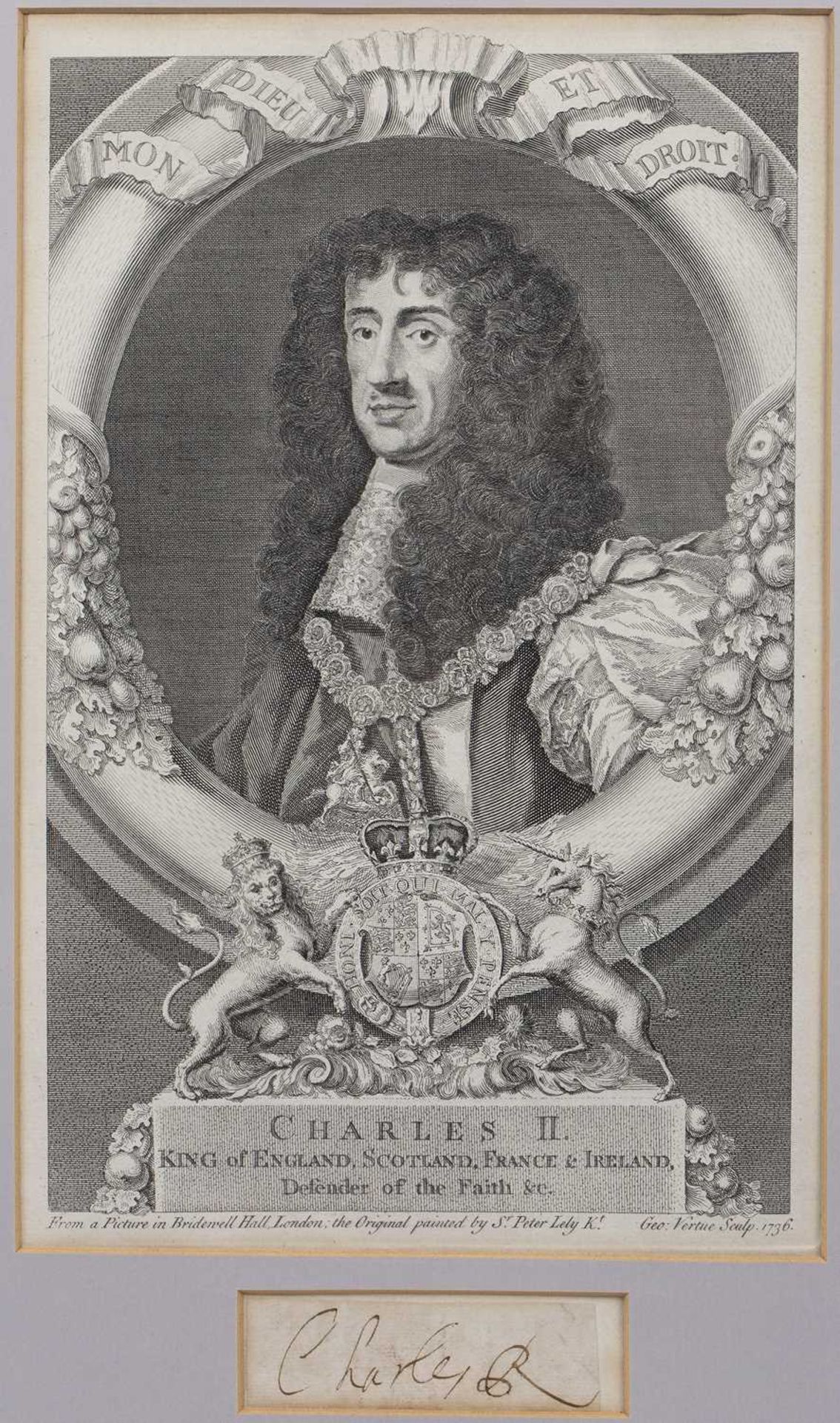 George Vertue (1684-1756) King Charles II portrait engraving and signature, 30cm x 19cm