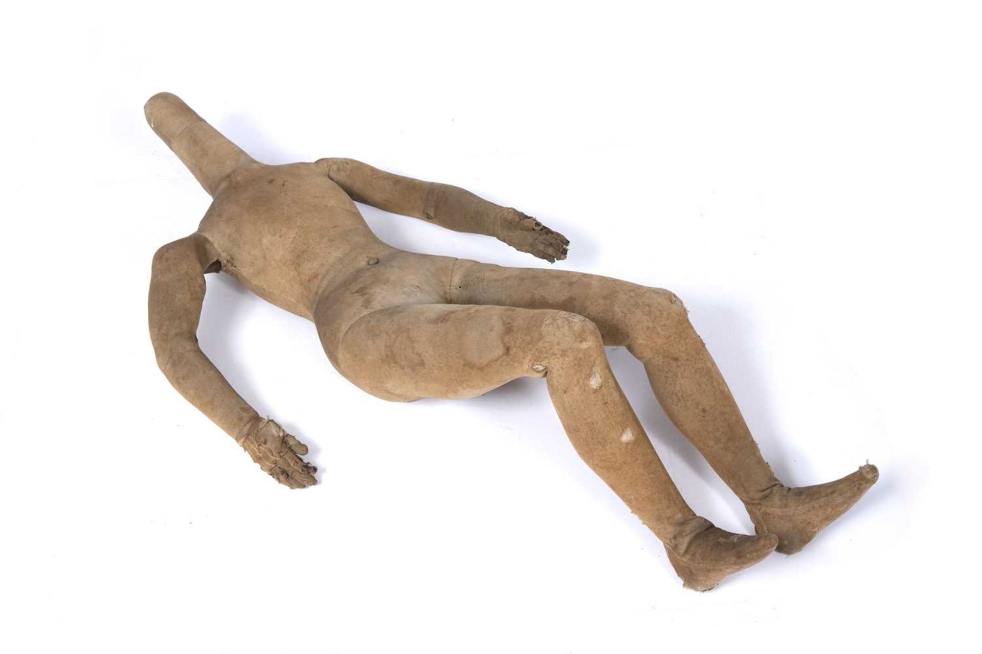 A mid 19th century child size artists lay figure with articulated brass joints and a wooden frame - Image 3 of 5