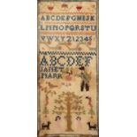 A late 19th century woolwork Alphabet sampler worked by Janet Marr 44cm x 19cm some stains