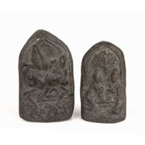 Two Antique Indian Carved stone votive images in the 13th century style, Vishnu and Lakshmi and