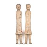 Two Chinese Han dynasty (206 BC-220 AD) STYLE painted pottery stick figures 13cm wide 61cm high
