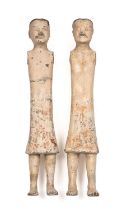 Two Chinese Han dynasty (206 BC-220 AD) STYLE painted pottery stick figures 13cm wide 61cm high