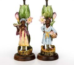 A pair of late 19th century Majolica figural vases numbered 6614 and converted to lamps 32cm high