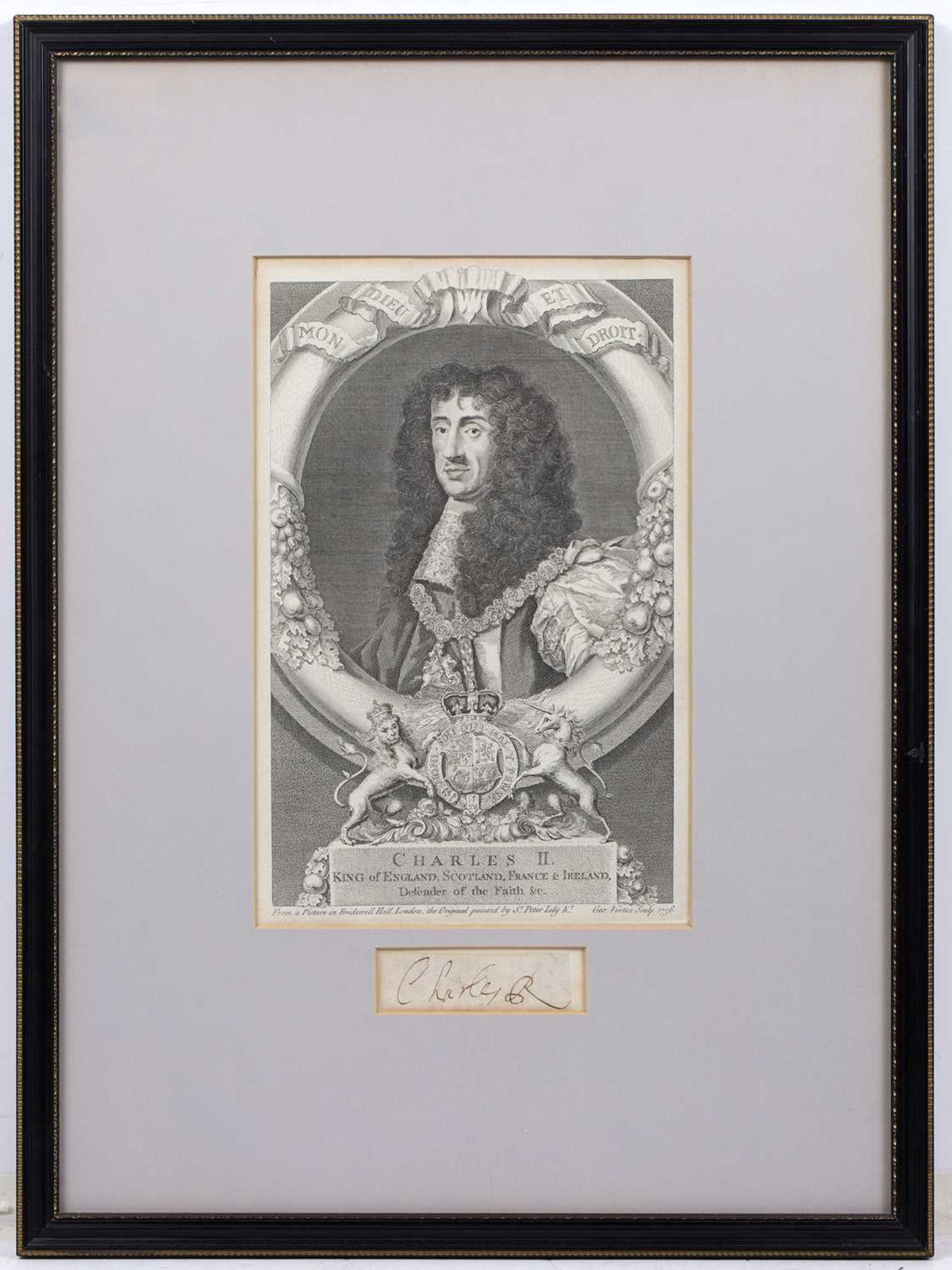 George Vertue (1684-1756) King Charles II portrait engraving and signature, 30cm x 19cm - Bild 2 aus 3