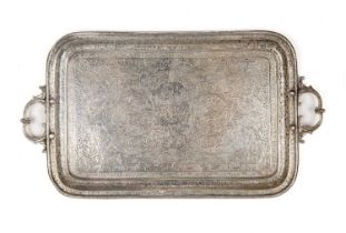 A 19th century Indian white metal tray with engraved decoration and inscriptions. 40cm wide 22cm