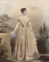 A Victorian full length portrait of a lady in a long dress, watercolour, 48 x 61cm, framed and