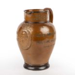 A Victorian Doulton Lambeth, John Mortlock and Co, Benjamin Disraeli jug 21cm wide 22cm high chip to