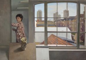 Jane Bond (1939) self portrait with interiors, acrylic on canvas 127cm x 180cm Painted while a