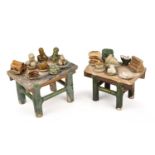 Two Chinese Ming style offering tables with sancai glaze the largest 26cm wide 17cm high together