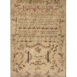 An early 19th century needlework sampler, worked by Margaret Hughes 1803. 32cm x 44cm some signs