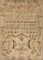 An early 19th century needlework sampler, worked by Margaret Hughes 1803. 32cm x 44cm some signs