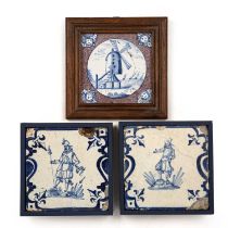 An 18th century Lambeth Delft tile with angel corners circa 1740, 12.5cm x 12.5cm together with