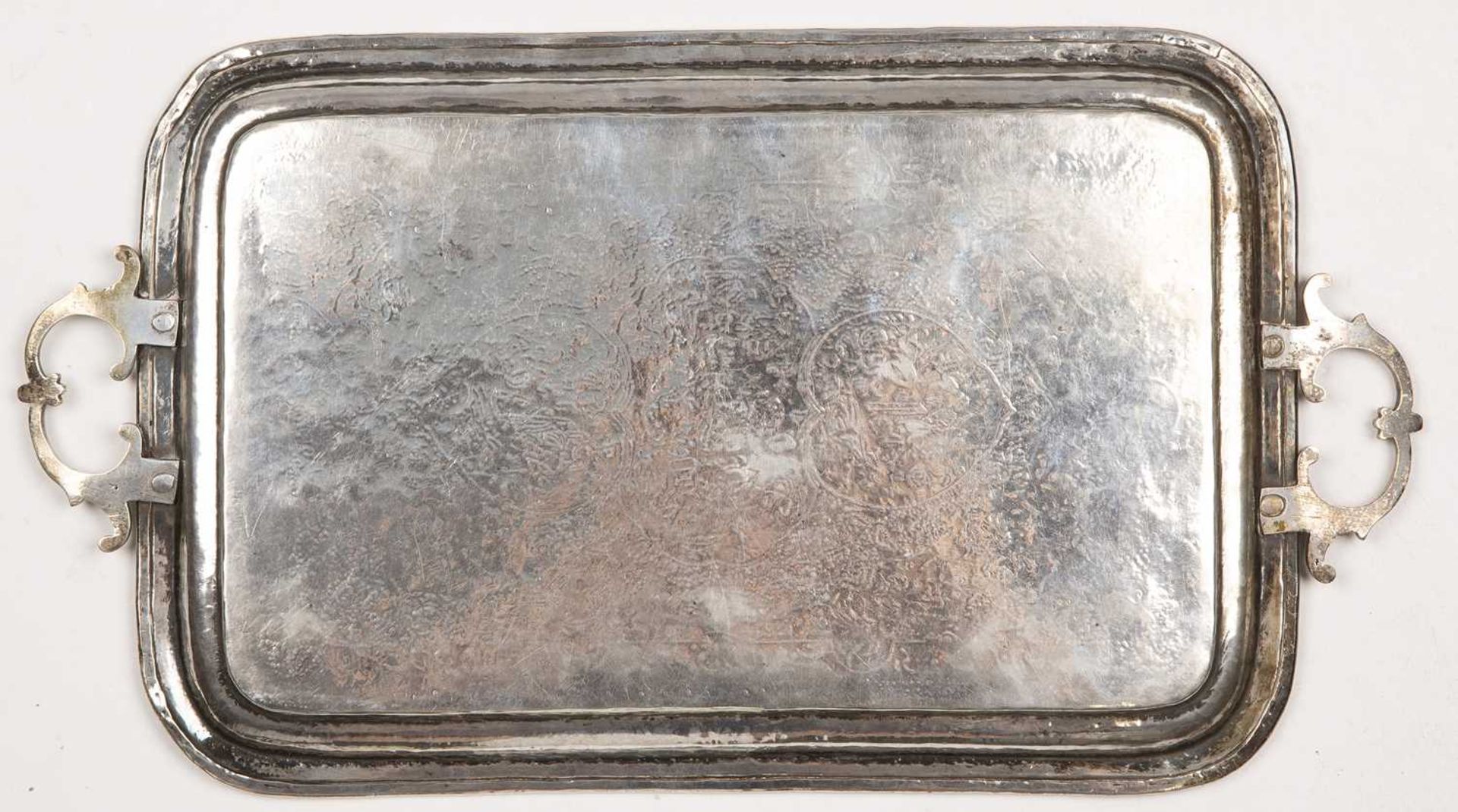A 19th century Indian white metal tray with engraved decoration and inscriptions. 40cm wide 22cm - Bild 2 aus 5