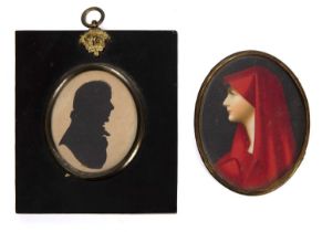 An early 20th century portrait miniature of a lady in a red cape painted on card 6.5cm x 8.8cm