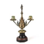 A 19th century French gilt metal twin branch candelabra with a marble and slate base 22cm wide