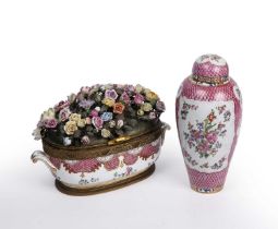 A Sampson porcelain famille rose desk stand with a lifting top encrusted with porcelain and toleware