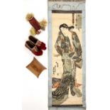 A 19th century Japanese woodblock print scroll, 22cm x 70cm; together with a Persian painted