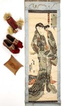 A 19th century Japanese woodblock print scroll, 22cm x 70cm; together with a Persian painted