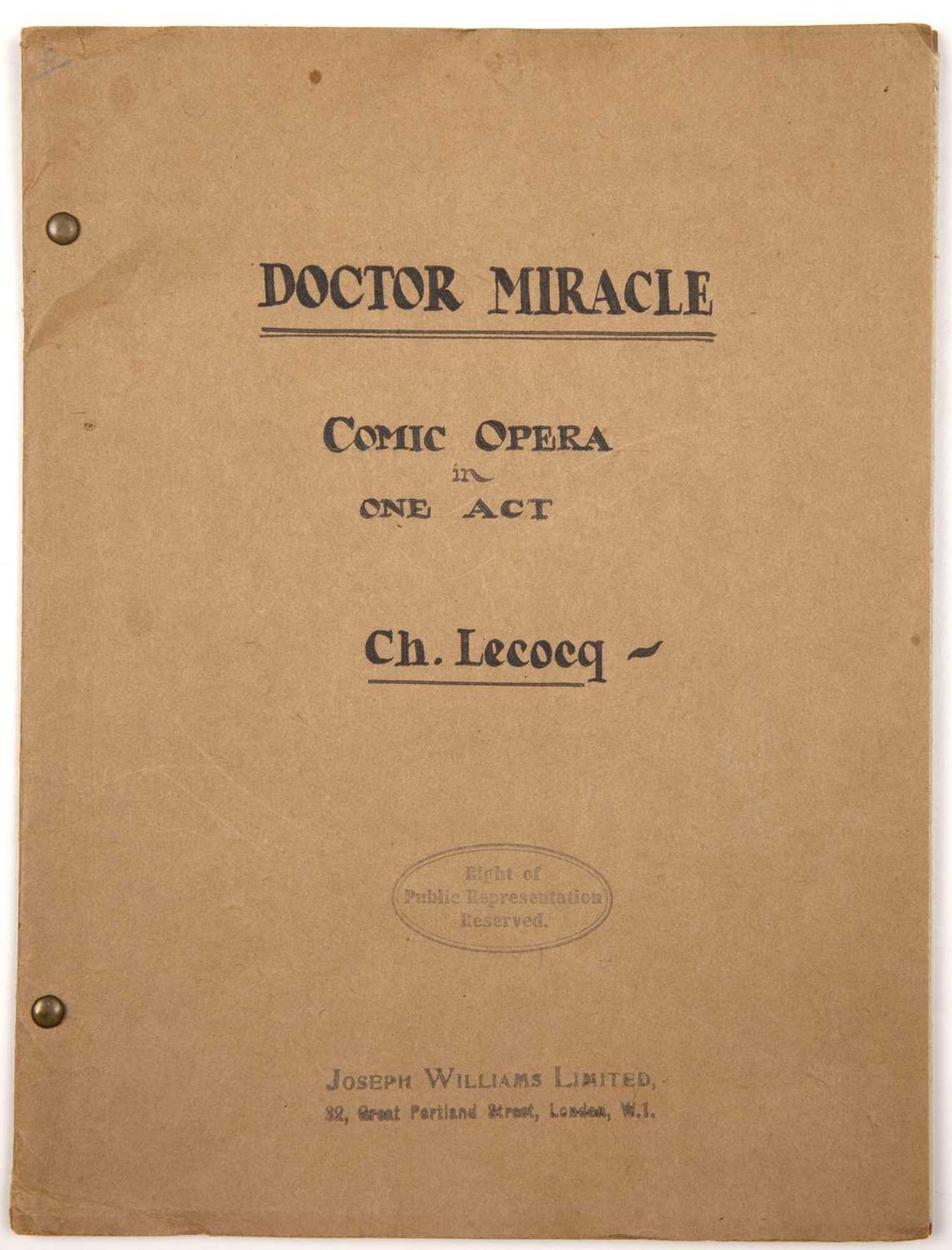 Lecocq (Charles) 'Doctor Miracle, A Comic Opera in One Act'. Typed script of the English version